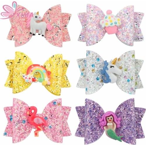 XIMA 3inch Candy Color Bow Mermaid Flamingo Hair Clip Unicorn Party Hairgrips Girls Children Hair Accessories