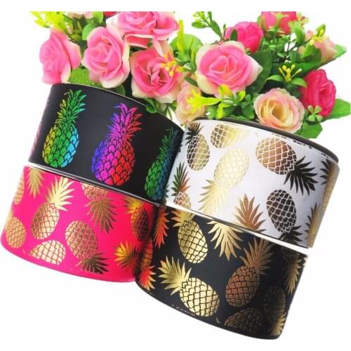 100Y/lot 75mm 3" hologram foil gold foil pineapple printed polyester grosgrain ribbon welcome custom