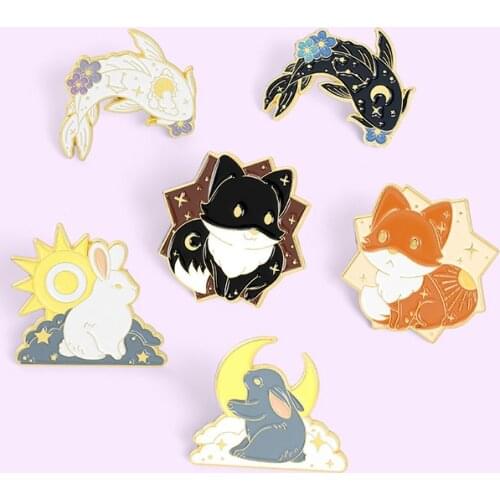 Creative Sun & Moon Couple Animals Enamel Pins Custom Fox Rabbit Fish Brooch Lapel Badge Bag Cartoon Jewelry Gift for Kid Friend