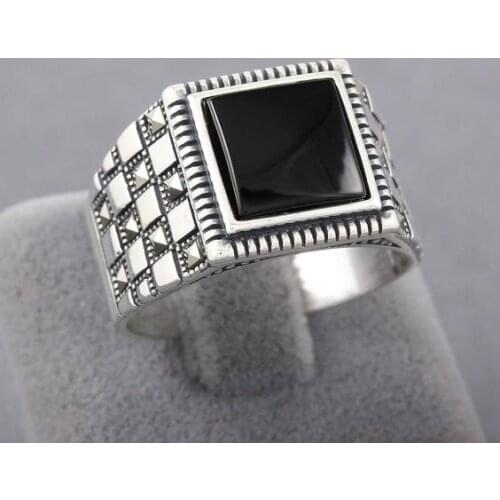 Fashion Mens Natural Black Square Onyx Ring Vintage 925 Silver Punk Biker Party Band Jewelry