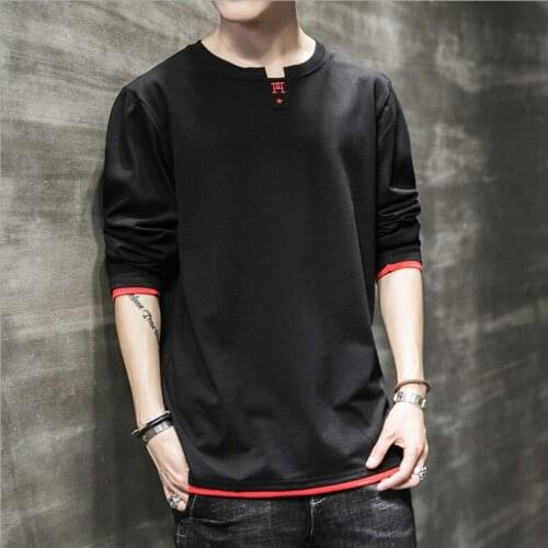 2020 Autumn New Men T Shirt Japanese Embroidered Long sleeve Round Neck T-shirt Mens Slim Cotton Base Coat Mens Youth Top