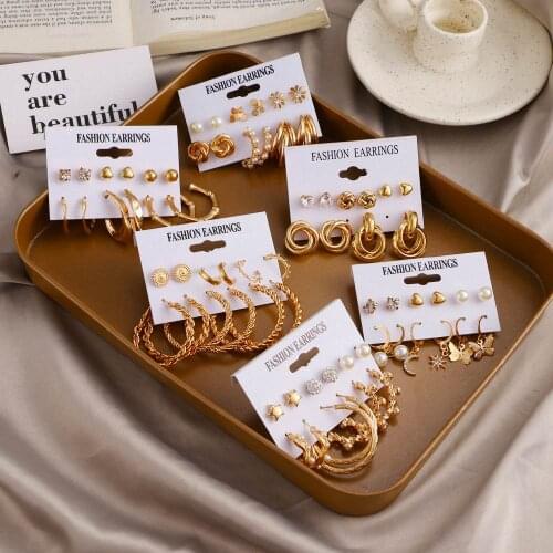 Vintage Geometric Heart Gold Color Butterfly Earrings Set Women Charm Pearl Dangle Drop Earrings 2021 Set of Earrings Jewelry