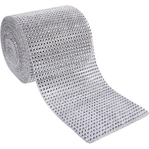 New 10 Yards Silvery Plastic Diamond Rhinestone Mesh Ribbon Roll Sparking Wedding Ornament 24 Rows Decorative Mesh Drill