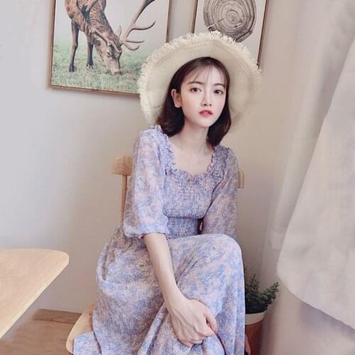 2021 New Floral Long Cottagecore Harajuku Vintage Summer Fashion Style Waist Fairy Show Thin Bubble Sleeve Retro Dress