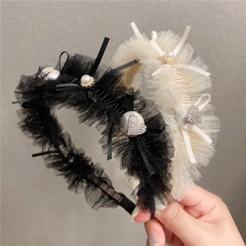 New lace pearl water brick bowknot hairbands simple and refined fashion fold lace headbands
