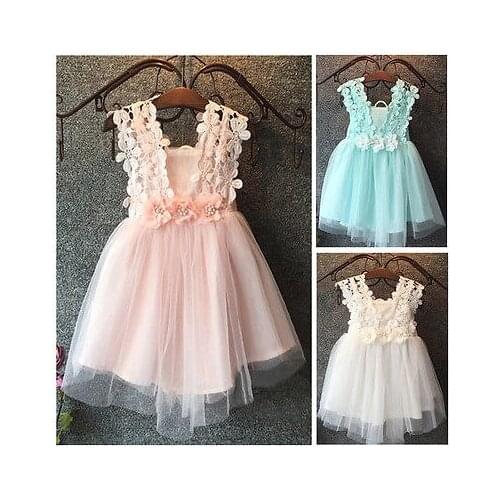 New Baby Princess Lace Flower Kids Girl Dress Tulle Tutu Gown Backless Formal Party Dress Mint Pink White Sundress Girls 2-7Y