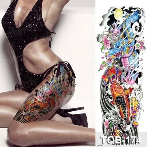 New Large Arm Sleeves Tattoos Waterproof Temporary Lotus Carp dragon Women Girl Flower Tattoo Sticker Men Full Fake Black Tatoo