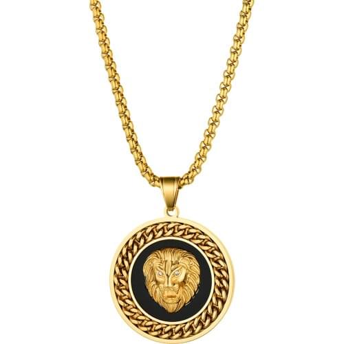 BONISKISS 2020 Fashion Hip Hop Gold Color Round Lion Head Pendant Necklace With 22inch Chain Stainless Steel Mens Necklace