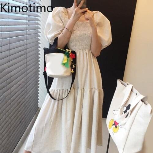 Kimotimo Women Dress Korean Chic Summer Simplicity Temperament Square Collar Folds Design Waist Thin Puff Sleeve Long Dress Ins
