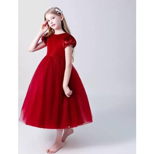 Flower Girl Dresses Illusion O-Neck Short Ankle-Length Fashion Princess Tulle Lace Luxury Burgundy Elegant Kids Party Gown H503