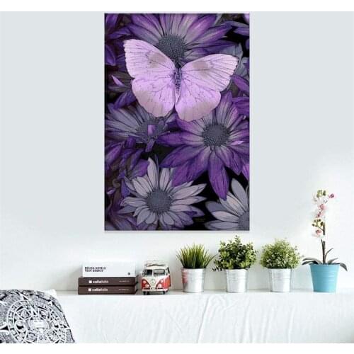 Purple Flower Poster Purple Butterfly and Flower Canvas Painting Prints Wall Art Pictures Mural Bedroom Home Room Decor