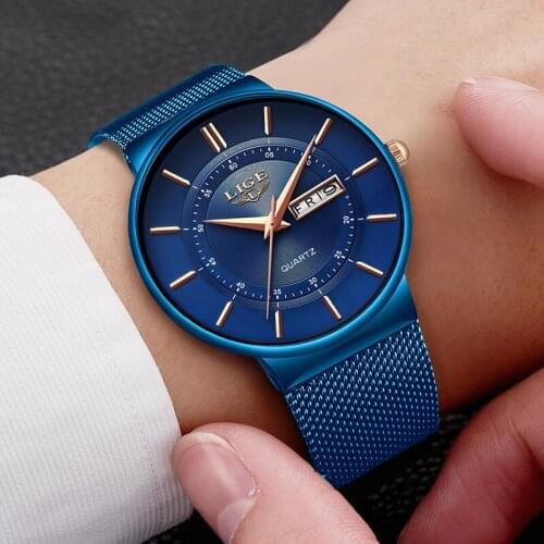 Reloj Hombre 2020 New Quartz Gold Clock LIGE Mens Watches Top Brand Luxury Watch For Men Simple Mesh Belt Waterproof Wrist Watch