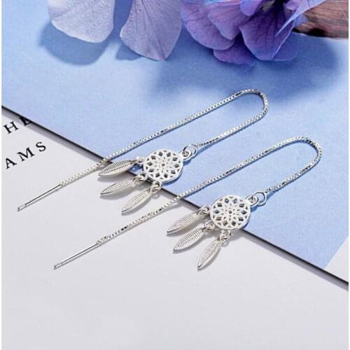 Prevent allergy 925 Sterling Silver Tassel Feather Dream Catcher Drop Earring for Women Christmas Jewelry eh496