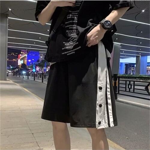 Summer Casual Side-breasted Shorts Male Street Fashion Hip Hop Shorts Men The New Movement Stripe Solid Color Shorts