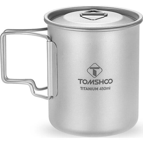 TOMSHOO 450ml Outdoor Titanium Cup Portable Water Cup Ultralight Camping Picnic Travel Mug with Lid Foldable Handle Drinkware