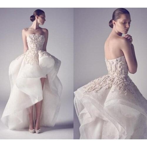 Embroidery High Low Sexy Prom Dress A Line Formal Dress Strapless Backless Applique Custom Made Evening Party Gowns Lace