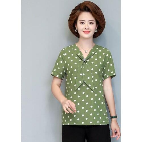 Summer Dots Chiffon Women Short Sleeve Loose Shirts V-Neck Fashion Bow-Knot Blouses Ladies Tops Blusas MM1101