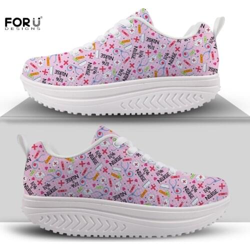 FORUDESIGNS Blue Nurse Care Pattern Women Breathable Mesh Lace Up Casual Platforms Shoes Height Increasing Shoes Wedge Sneakers