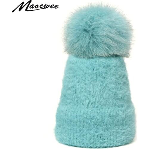 Women Winter Beanies Hats Real Fur Pom Pom Hat Loose Skullies Hats Knitted Wool Diamonds Beanie Shiny Ladies Girls Caps