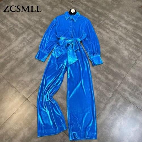 ZCSMLL 2021 Autumn and Winter Lapel Long-sleeved Belt Waist Waist Temperament Was Thin Velvet Women Fashion Jumpsuit Tide