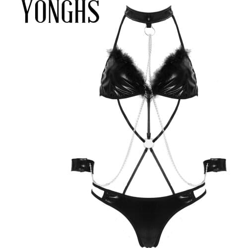 Womens Lingerie Set Feather Trim Patent Leather Metal Chain Decor Romper with Wristband Halter Lace-up Strappy Teddies Catsuit