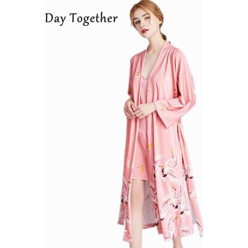 Winter Warm Sleeping Wear Set For Women Long Gold Velvet Robe + Skirt Printing Crane Plus Size Woman Bathrobe Nightgowns Set