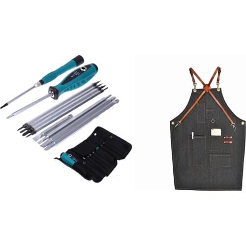 1pcs Aprons Denim Leather Simple Uniform Unisex & 1 set Precision Magnetic Screwdriver Set Phillips Slotted Star Bits