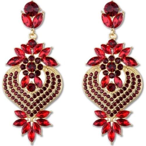 2018 Bohemia Heart With Flower Crystal Earrings For Women Exaggerated Red Green Gold Drop Brincos Fashion Female Wedding Jewelry