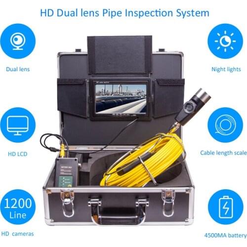 7'' HD Dual Lens Industrial Endoscope Drain Pipe Sewer Inspection Video Camera System 1000 TVL 20M Cable