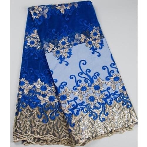Sequined african cord lace fabric african swiss voile lace high quality mesh gauze Royal Blue french lace fabric for wedding