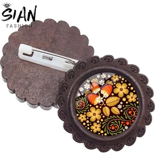 SIAN Retro Flower Glass Crystal Wood Brooch Khokhloma Russian Folk Art Patterns Handmade Female Bohemian Coat Dress Pins Jewelry