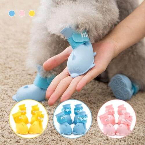 Cartoon Puppy Shoes Pomeranian Bichon Teddy Shoes Set of 4 Velcro Waterproof Rain Boots Foot Cover Pet Silicone Rain Boots