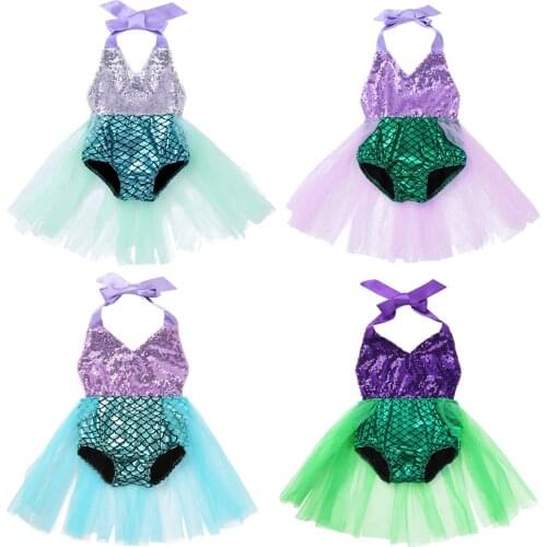 Infant Baby Girls Toddler Summer Beach Bodysuit Mermaid One-piece Halter Scales Printed Sequined Swimsuit Swimwear Bathing Suits
