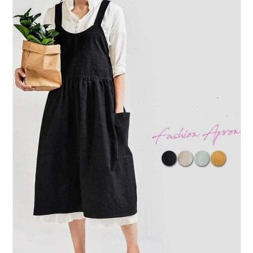 Cotton Linen Apron with Two Pockets Vintage Pinafore Dress Garden Working Apron Halter Cross Bandage Aprons For Baking Cooking