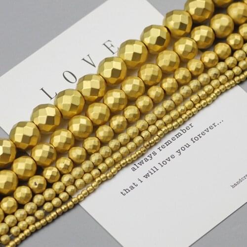 WLYeeS Faceted Round Natural Matte 18 Gold Hematite Stone Beads 2 3 4 6 8 10mm Spacer Loose bead for Jewelry Making DIY Bracelet