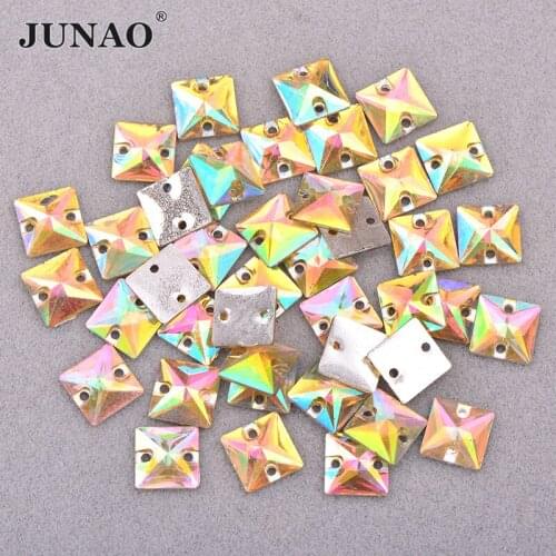JUNAO 10mm Yellow AB Crystal Sew On Square Rhinestones Flatback Acrylic Gems Sewing Strass Stones For Garment Jewelry Craft
