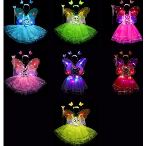 4pcs Kids Girls Fairy Cosplay Costume Set Sleeveless Tutu Dress LED Butterfly Angel Wing Wand Headband Fancy Party Props