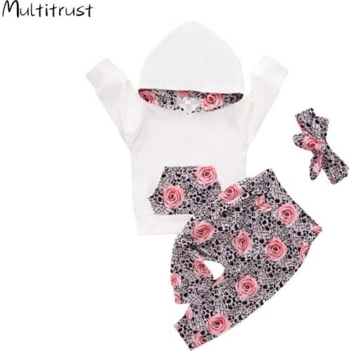 0-24M Toddler Baby Girl Autumn Clothing Set Floral Hoodies Top Long Pants Headband Outfits 3PCS Casual Girl Clothes Set