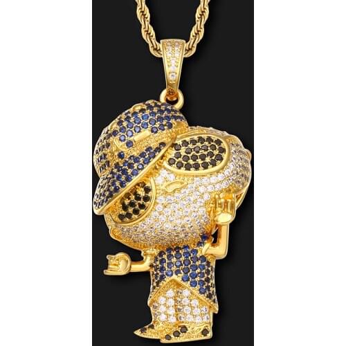 Small Size Brass Cubic Zirconia Cartoon Men Necklace Pendant Hip Hop Jewelry Bling Iced Out Pendant With Tennis Chain Gift