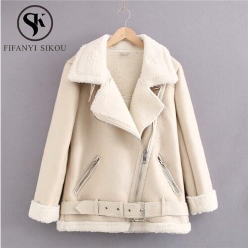 Winter Coat Women High Quality Faux Leather Jacket Thick Warm Lambswool Jackets Zipper Lapel Fashion Motorcycle Coat Female