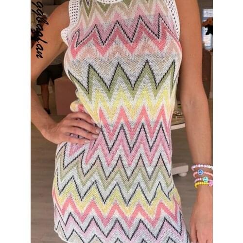 Ggbaofan 20201 Summer Vacation Bodycon Sundress Knit Tank Striped Sleeveless Dress For Women Hollow Out Patchwork Party Dresses