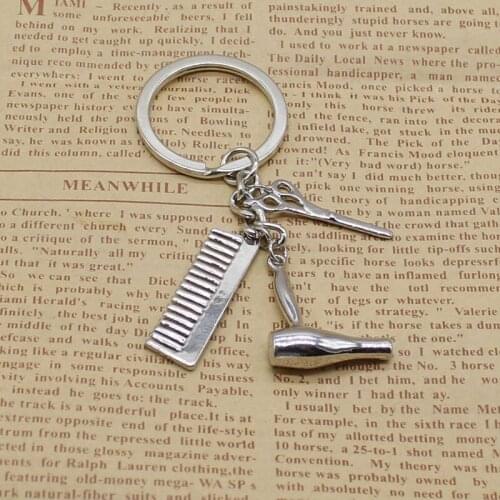 Fashion hairdresser keychain, comb scissors hair dryer pendant keychain, car interior accessories keychain charm jewelry