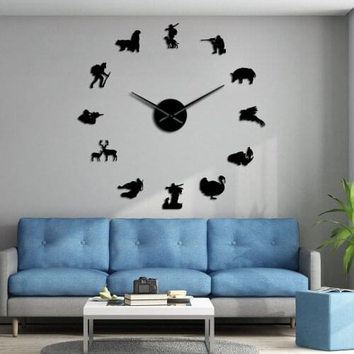 Hunter Wild Animals Courser Deer Designer Giant Wall Clock Hunting Hobby Creature Bear Boar Profile Room Wall Art Decor Clock