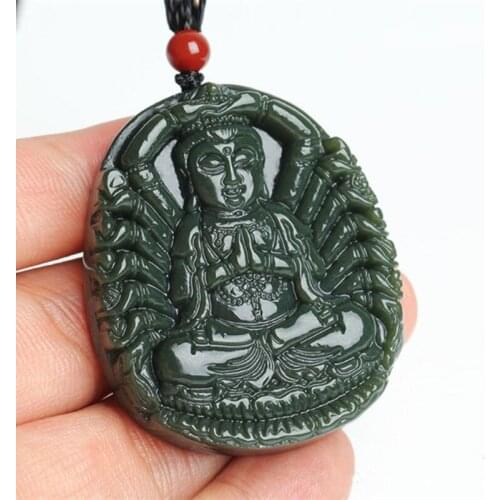 Natural Green HETIAN Nephrite Pendant One Thousand Hands of Goddess of Mercy Jade Pendant Guanyin Bodhisattva Pendant Necklace