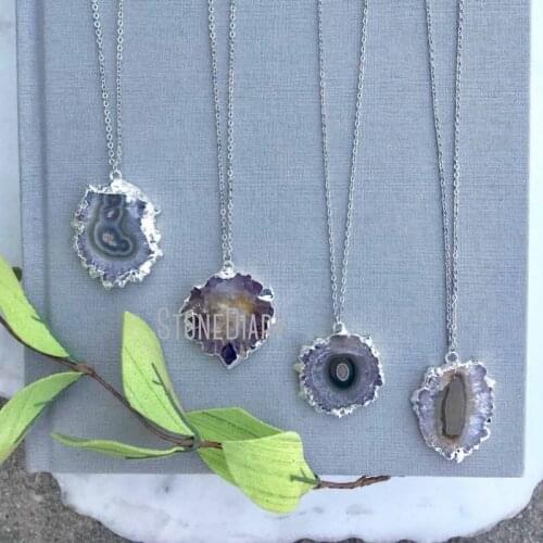 NM36597 Sterling Silver Amethyst Stalactite Pendant Necklace Boho Freeform Purple Solar Druzy Amethyst Minimalist Gift Idea