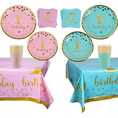 PATIMATE Pink Blue Disposable Tableware Plate Cups Napkins Happy 1st Birthday Party Decor Kids Boy Girl Birthday Party Supplies