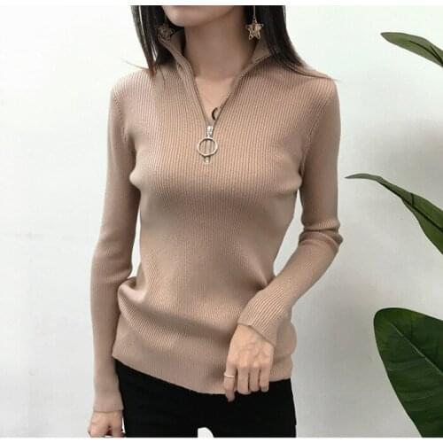 2019 Autumn Winter Sweates Women Sexy Slim Solid Zipper Sweater Knit Pullovers Bottom Ladies Pull Femme Warm Clothes Soft Jumper