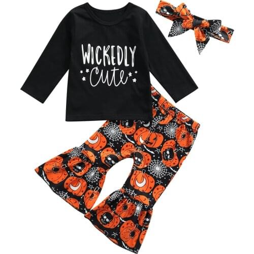 Citgeett Autumn Halloween Infant Baby Girls T-shirt Trousers Suit Fashion Letter Long Sleeve Tops Trumpet Pants Headband Clothes