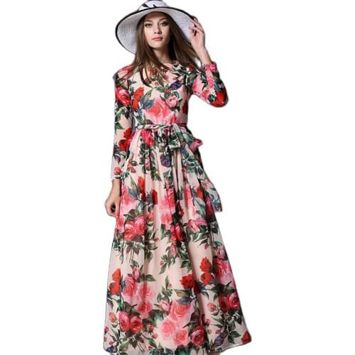 Woman Chiffon Long Dress Rose Floral Overlay Print Longue Dress Female Sashes Autumn Vintage Long Sleeve Pleated Dress