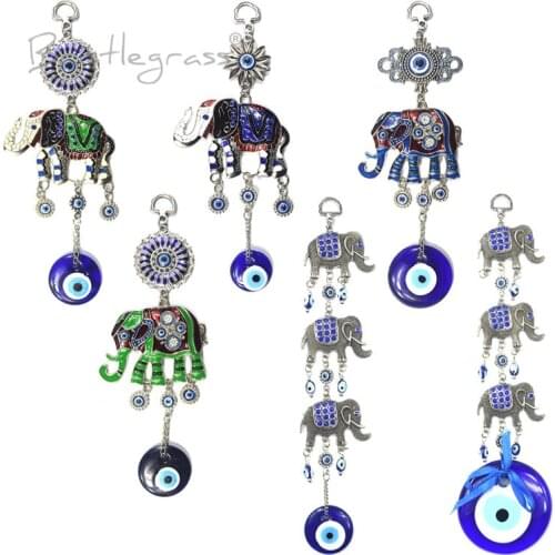 BRISTLEGRASS Turkish Blue Evil Eye Rhinestone Elephant Wall Hanging Pendants Amulets Lucky Charms Blessing Protection Home Decor